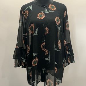 Cabi Sheer Floral Boho Ruffle Sleeve button front Blouse- Size L